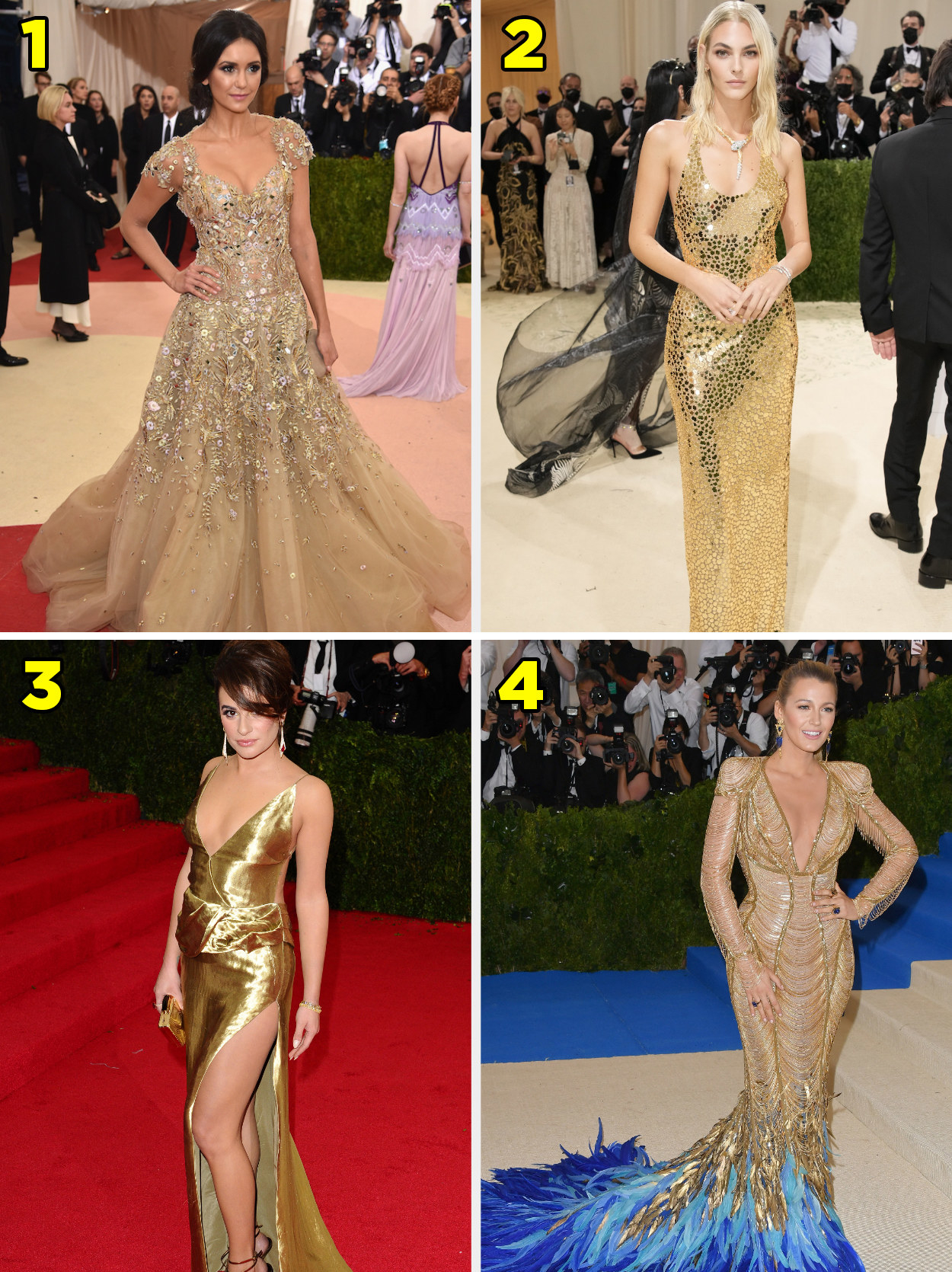 1. A ballgown style gown covered in jewels. 2. a sheath style dress that shines. 3. A shiny sleevless gown with a large thigh slit. 4. A longsleeved gown with shoulder pads and different colored feathers at the skirt.