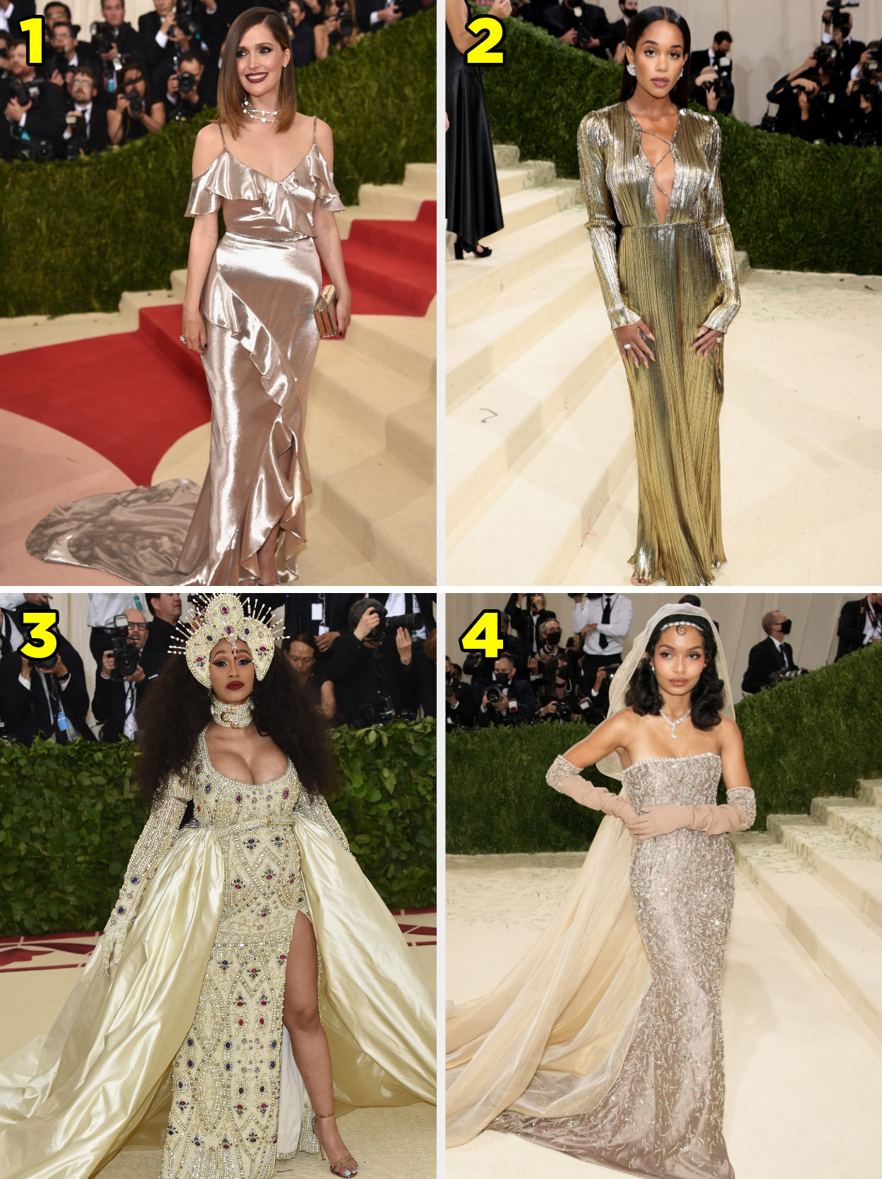 1. An off shoulder gown with ruffles on sleeves and down the front of skirt. 2. A long-sleeve gown laced up on the bodice. 3. A longsleeved gown covered in jewels and a matching crown. 4. Strapless gown with matching gloves and veil