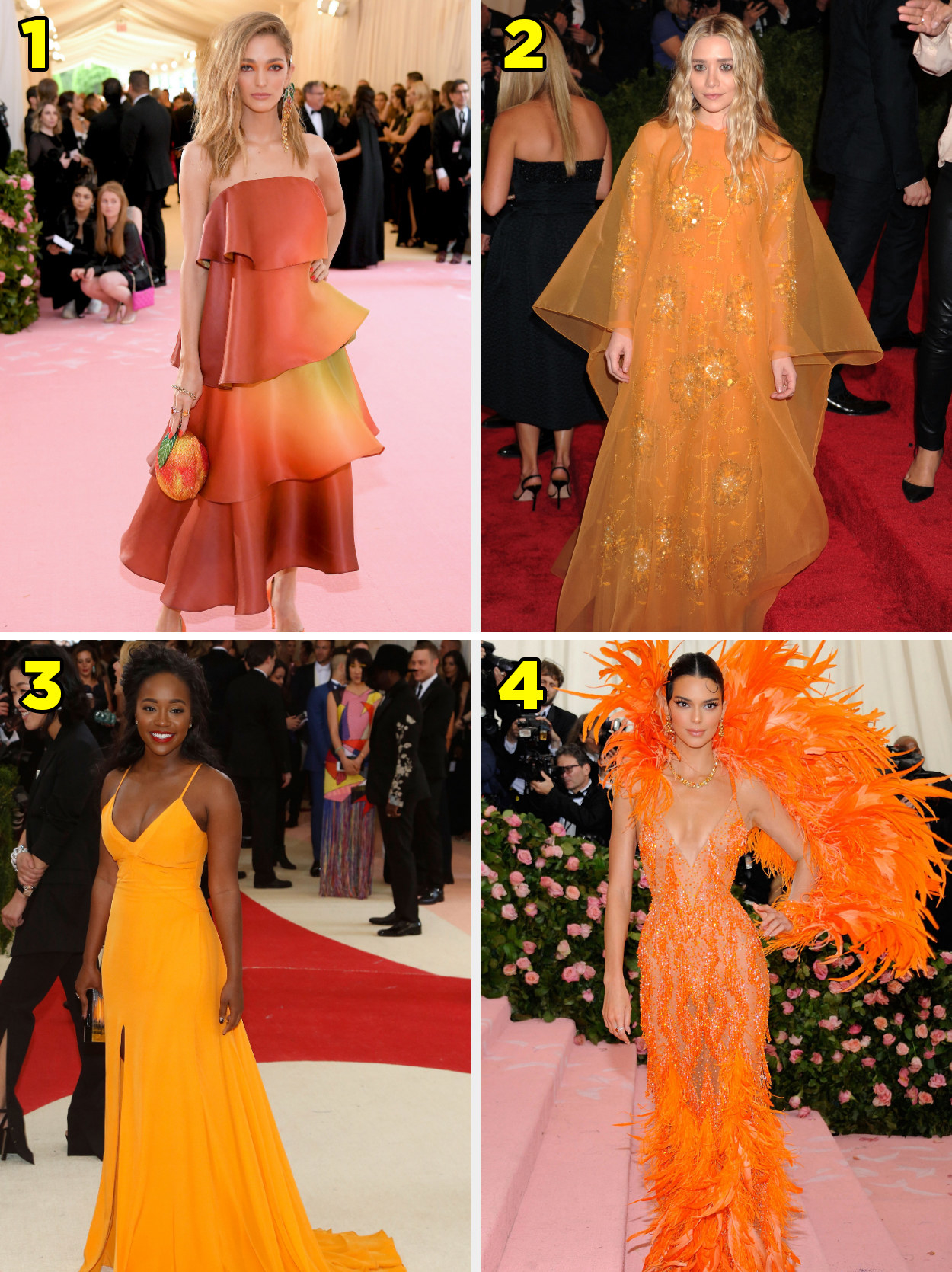 1. A tiered gown with an ombre print. 2. A long-sleeved sparkly gown with a sheer overlay. 3. A simple sleeveless gown. 4 A halter gown covered in sparkly fringe and a giant feather back piece.