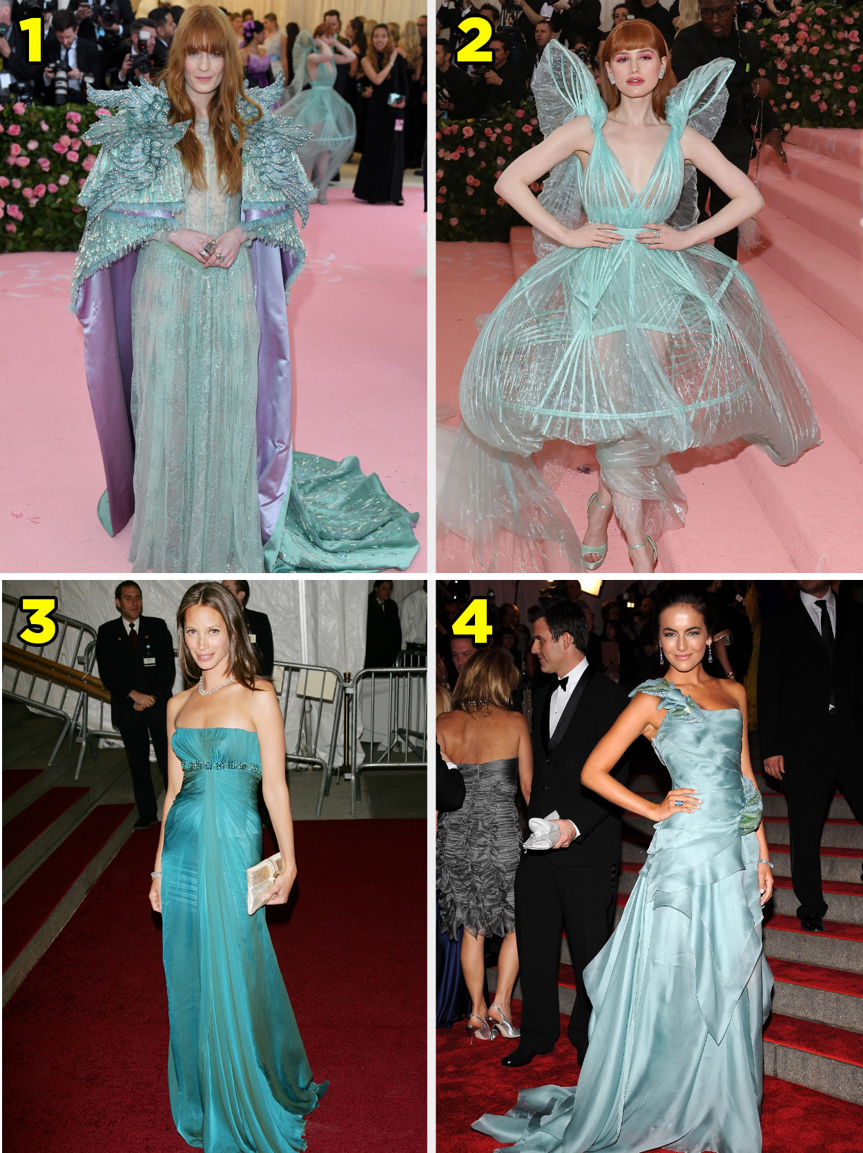1. A long sheer gown with a matching cape and shoulder pads. 2. A geometric gown with wiring and a giant hoop for a skirt. 3. A simple strapless gown. 4. A one shoulder gown with an asymmetrical skirt.