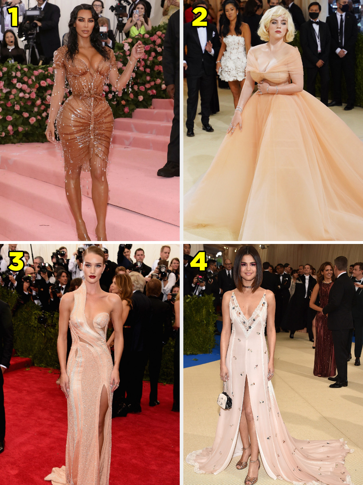 1. A corsetted gown that looks wet. 2. A flowing off the shoulder ballgown. 3. A one shouldered gown with a thigh slit. 4. A V-neck gown with a slit in the middle and appliques.