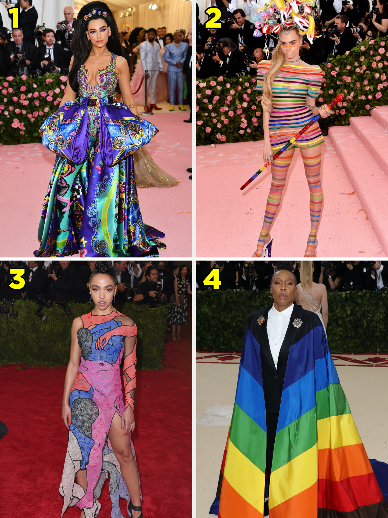 1. A sleeveless gown with a peplum and a very vibrant print. 2. A sheer collection of ribbons all the way down the body. 3.A multicolored gown with body parts in each color. 4. The pride flag worn over a blazer.
