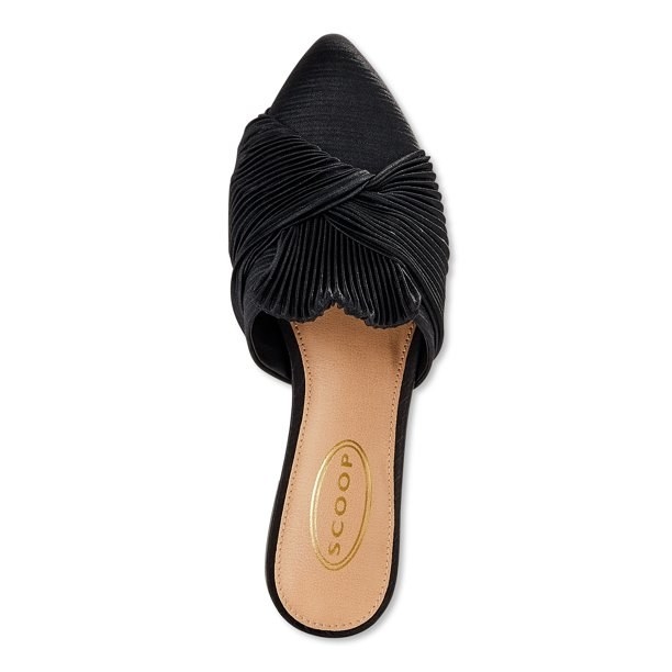 A pair of black mules with pleated detailing