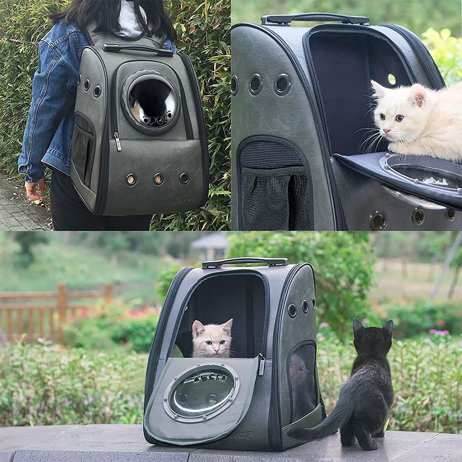 a three-part photo of kittens in and around the backpack
