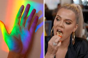 On the left, a rainbow of light reflecting onto someone's hand, and on the right, Kourtney Kardashian eating a potato chip