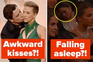 Images show Scarlett Johansson appearing to be snuck up on by John Travolta, and Chrissy Teigen asleep in the audience of the Oscars