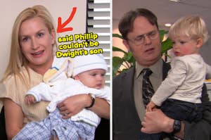 On the left, Angela holding baby Phillip with an arrow pointing to her and said Phillip couldn't be Dwight's son typed next to her face, and on the right, Dwight holding baby Phillip