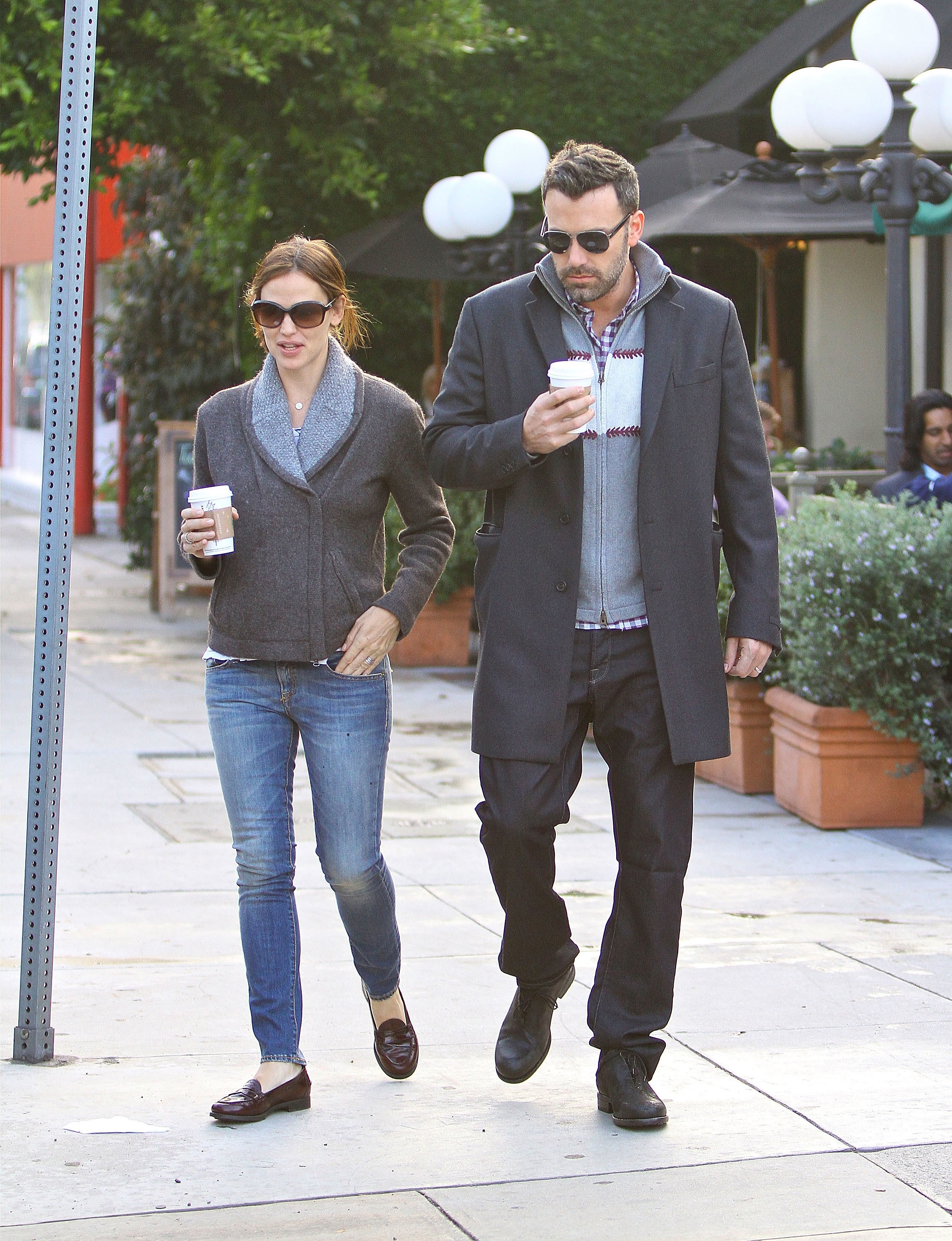 Jennifer Garner and Ben Affleck walking, talking, and drinking coffee