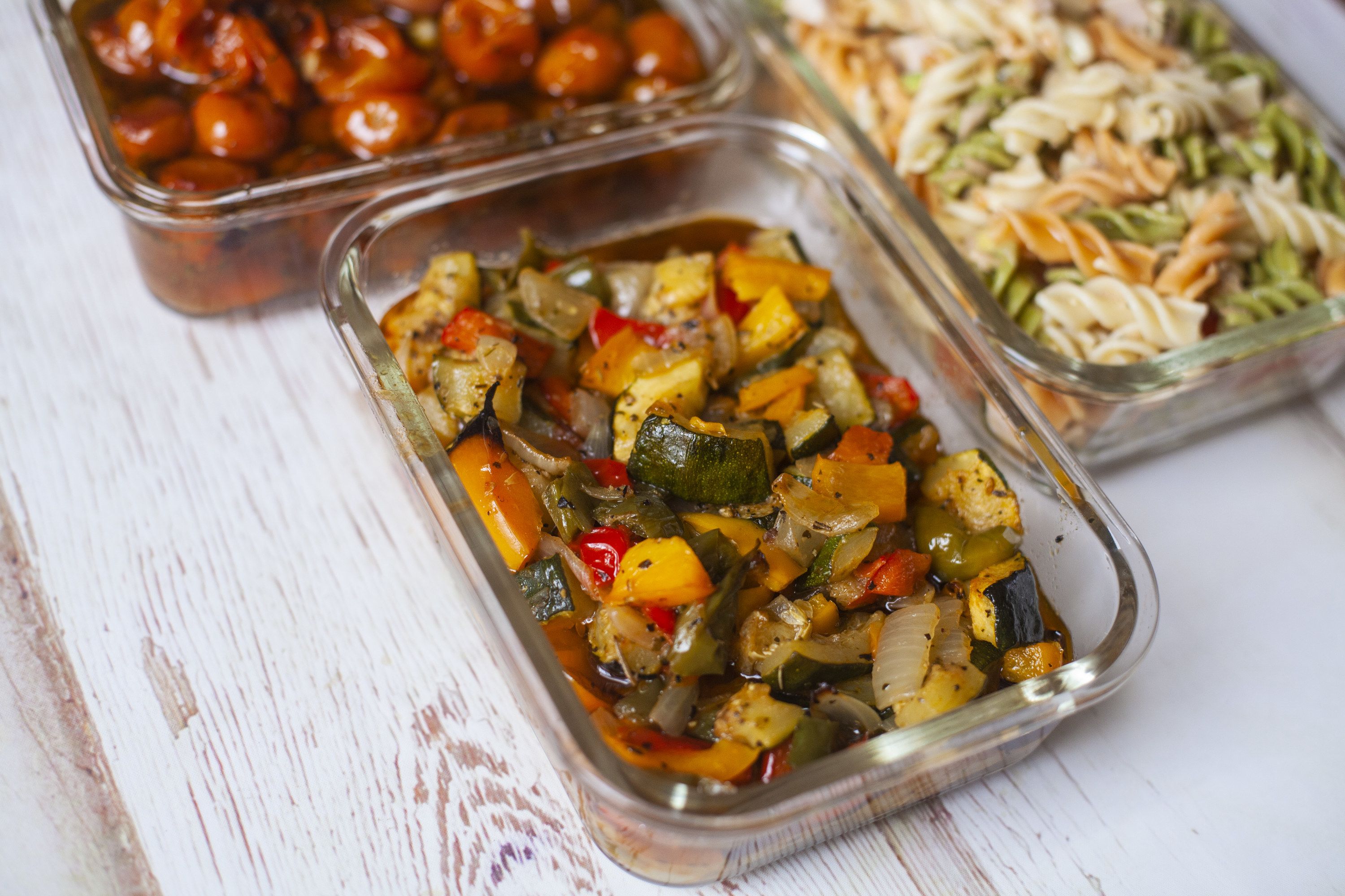 batch cooked foods in glass tupperware
