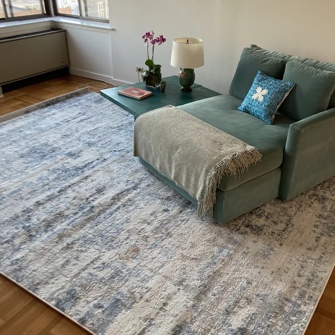 the blue and white rug in a living room
