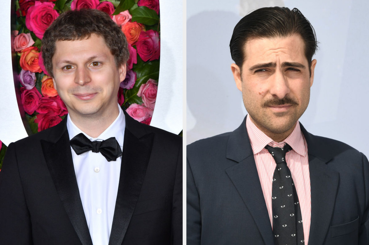 Michael Cera smiling and wearing a tux; Jason Schwartzman squinting