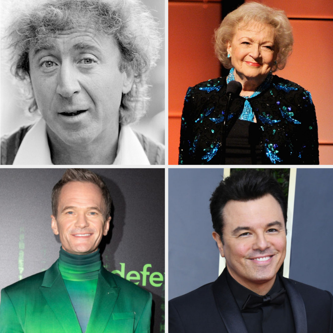 A closeup of Gene Wilder, smiling; Betty White standing at a microphone and smiling; Neil Patrick Harris smiling at an event; Seth MacFarlane smiling