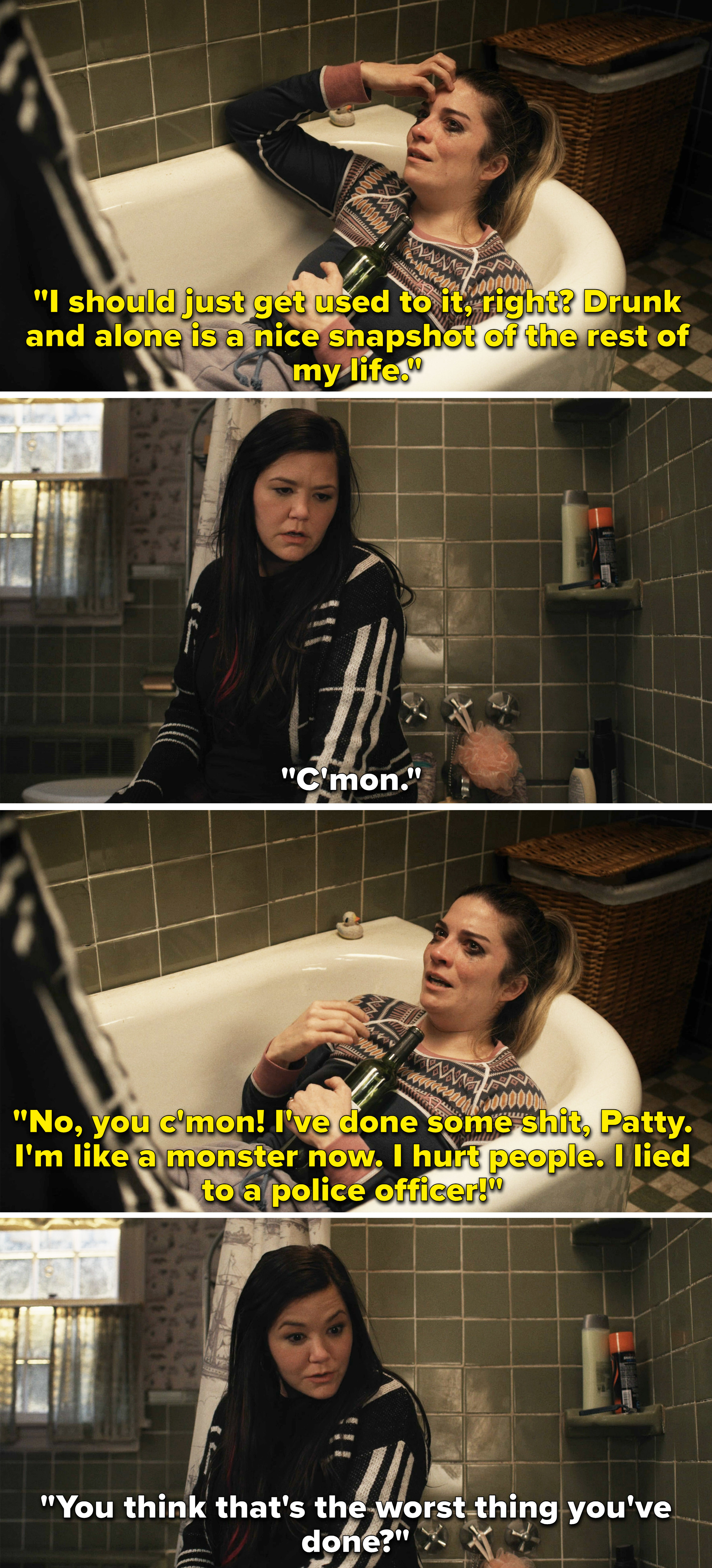 Allison sitting in an empty bathtub with a bottle of wine telling her friend that she&#x27;s done some terrible things