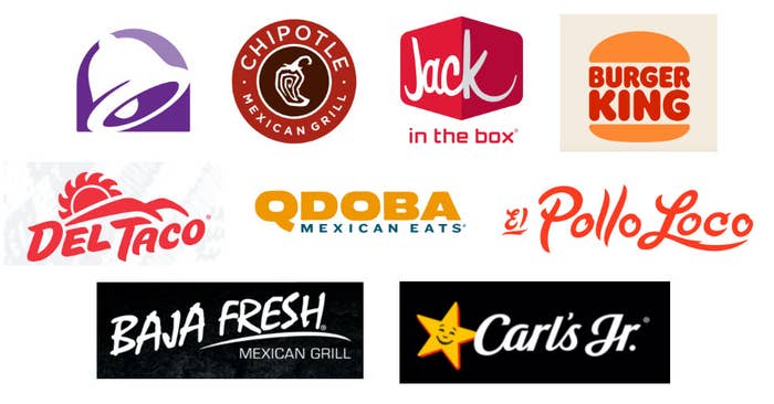 The logos for Taco Bell, Chipotle, Jack in the Box, Burger King, Del Taco, Qdoba, El Pollo Loco, Baja Fresh, and Carl&#x27;s Jr.