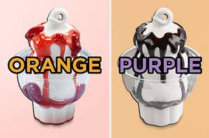 On the left, a strawberry sundae from Dairy Queen labeled orange, and on the right, a hot fudge sundae from Dairy Queen labeled purple