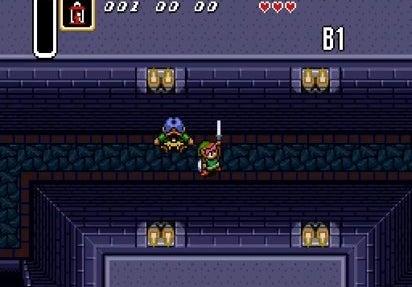 Link, having just claimed his Uncle&#x27;s sword and shield, in &quot;The Legend of Zelda: A Link to the Past&quot;