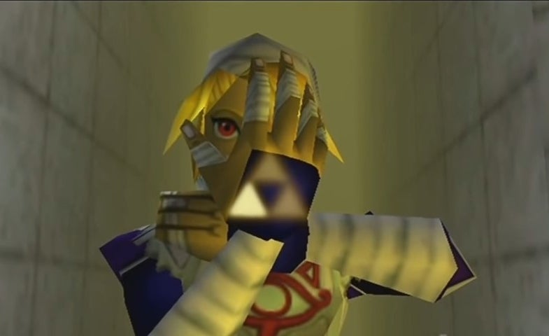 Sheik with the symbol of the Triforce on the back of his hand in &quot;The Legend of Zelda: Ocarina of Time&quot;