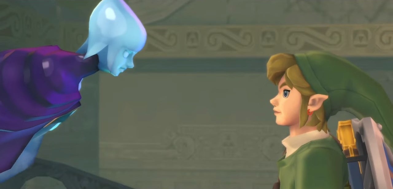 Link and Fi looking at each other in the Temple of Hylia in &quot;The Legend of Zelda: Skyward Sword&quot;
