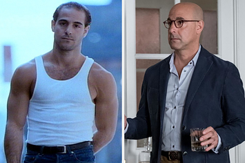 Stanley Tucci young in a white vest and a Stanley Tucci older in a suit