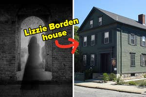 ghostly figure next to a house with 5 large windows