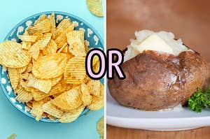 On the left, a bowl of Ruffles potato chips, and on the right, a steaming baked potato topped with a pat of butter with or typed in the middle