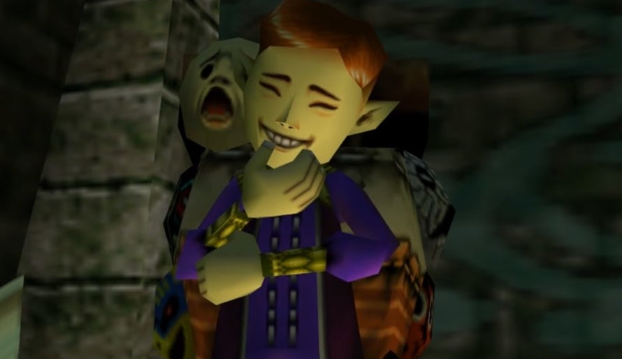The Happy Mask Salesman with his hand to his chin in &quot;The Legend of Zelda: Majora&#x27;s Mask&quot;