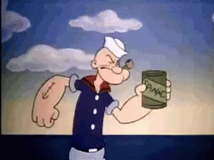 Popeye squeezing a spinach out of a can and into his mouth