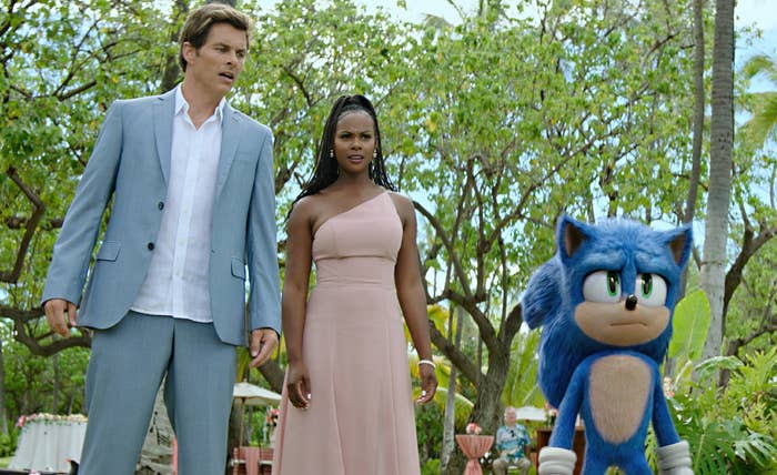 James Marsden, Tika Sumpter and Sonic in Sonic the Hedgehog 2