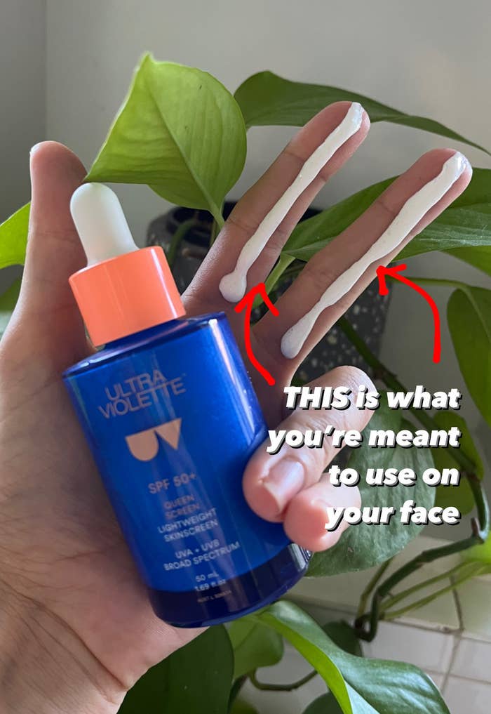Person holding a bottle of Ultra Violette SPF 50+ skinscreen with two long strips of it on two fingers, with the text &quot;THIS is what you&#x27;re meant to use on your face&quot;