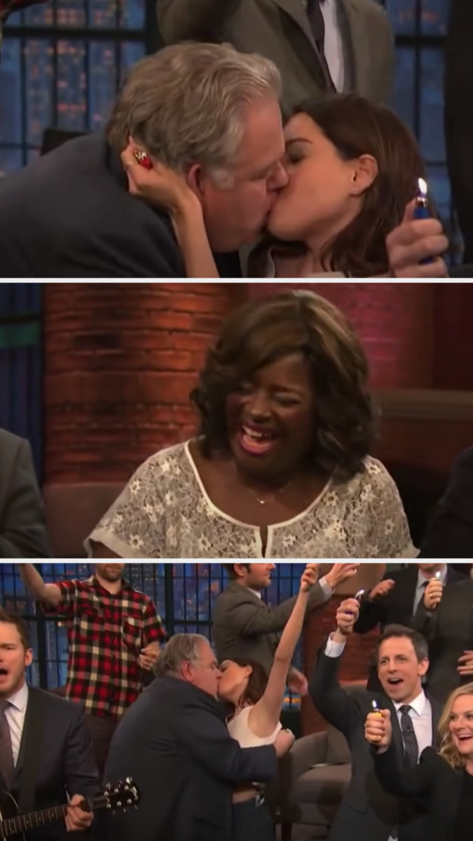 Jim and Aubrey kissing, along with audience reaction, including Seth Meyers, at an afterparty