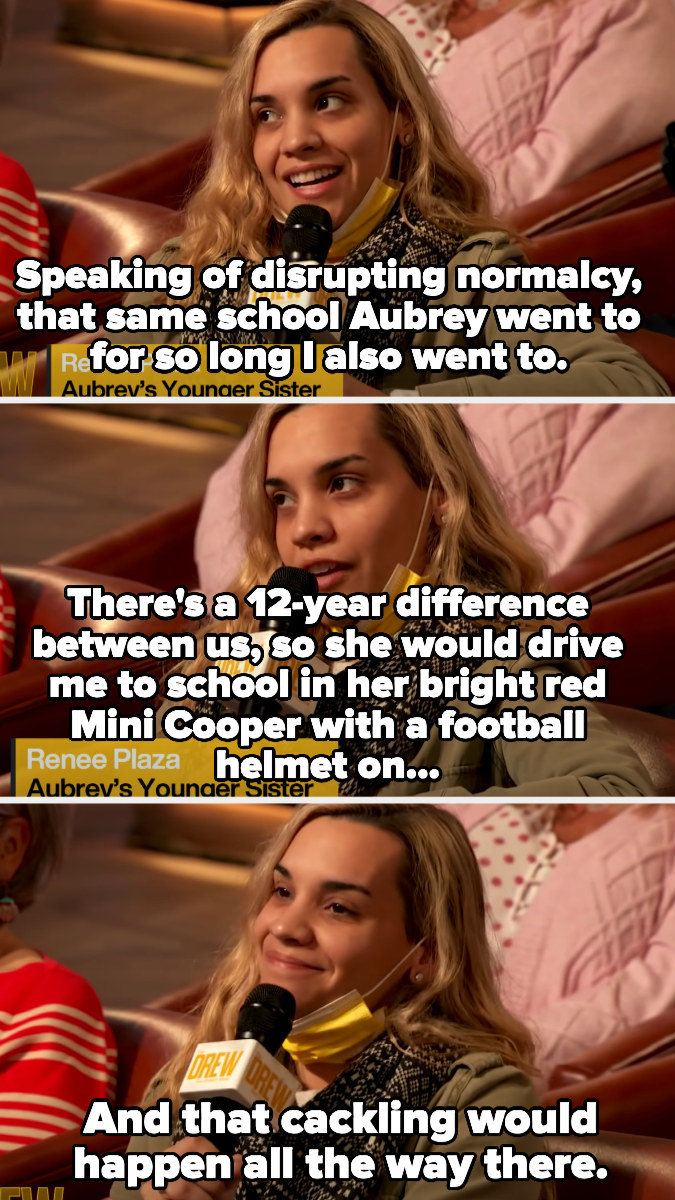 Text saying how Aubrey was 12 years older than her sister and would drive her to school in a bright red Mini Cooper while wearing a football helmet