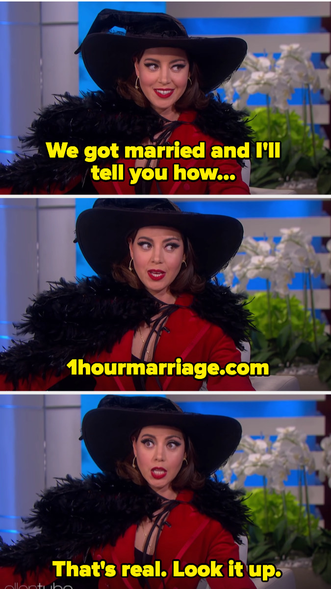 Aubrey wearing a large, flamboyant hat and saying they got married with 1hourmarriage dot com — &quot;That&#x27;s real; look it up&quot;