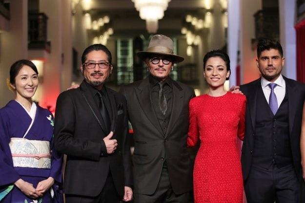Akiko Iwase, Hiroyuki Sanada, Johnny Depp, Minami, and Andrew Levitas attend the  premiere of &quot;Minamata&quot; at the 70th Berlinale International Film Festival in February 2020