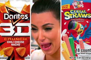 A bag of Doritos are on the left with Kim Kardashian in the center and Froot Loops on the right