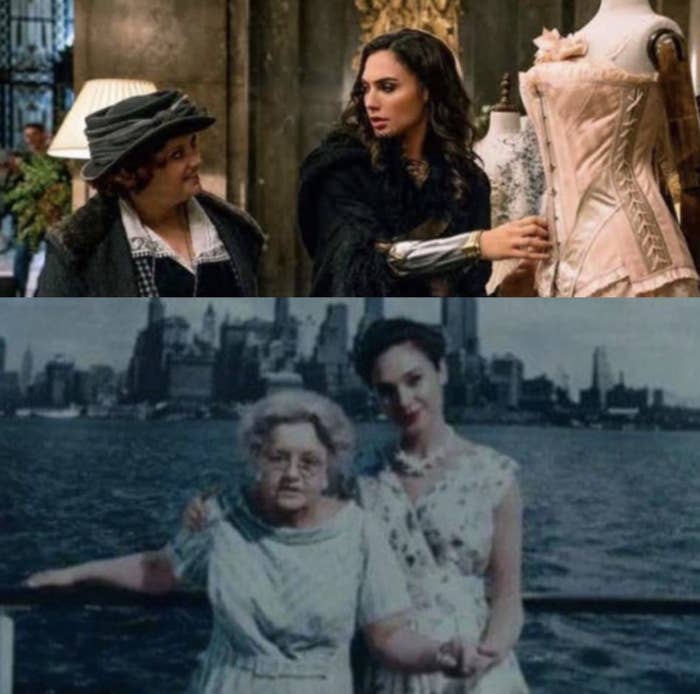 Lucy Davis in Wonder Woman and Lucy Davis in Wonder Woman 1984 in the elderly makeup