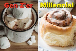 Hot chocolate is on the left labeled, "Gen Z'er" with cinnamon rolls on the right labeled, "Millennial"