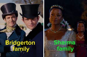 Benedict and Anthony is on the left labeled, "Bridgerton family" with the Sharma family on the right labeled, "Sharma family"