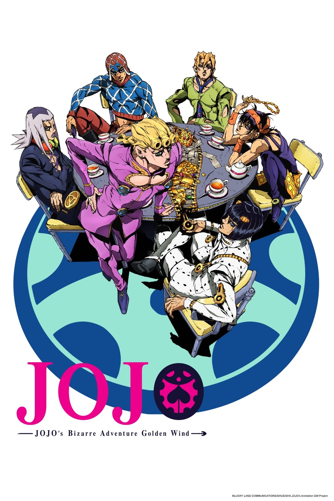 A poster of Gio Bruno Narancia Leone Guido and Pannacotta all sitting around a table with the title JoJos Bizarre adventure Golden Wind on the bottom