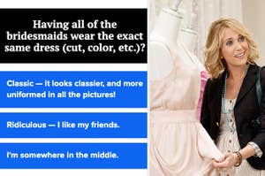 A quiz question asking if all bridesmaids should have to dress the same, with a photo of Kristen Wiig looking happy in the film Bridesmaids