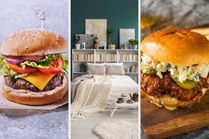 On the left, a cheeseburger, in the middle, a bedroom with a bed pressed against a filled bookshelf, and on the right, a chicken sandwich