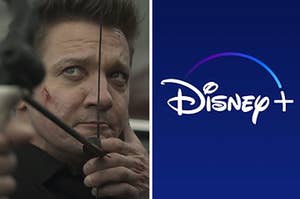 hawkeye on the left and the disney plus logo on the right