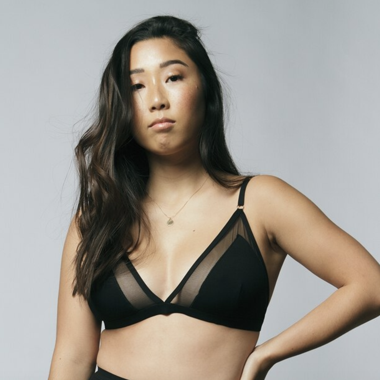 a person wearing the mesh-paneled Mary Young bralette