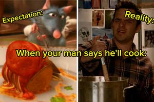 Remy the rat places food on a plate and Nick Miller stirs a giant pot