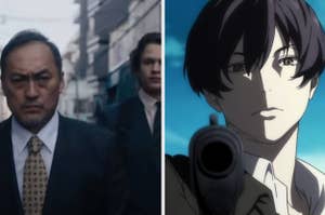 On the left is Ken Watanabe as Detective Hiroto and Ansel Elgort as Journalist Jake walking out of a police squad bus and on the right is Avilio from 91 days pointing a gun at someone