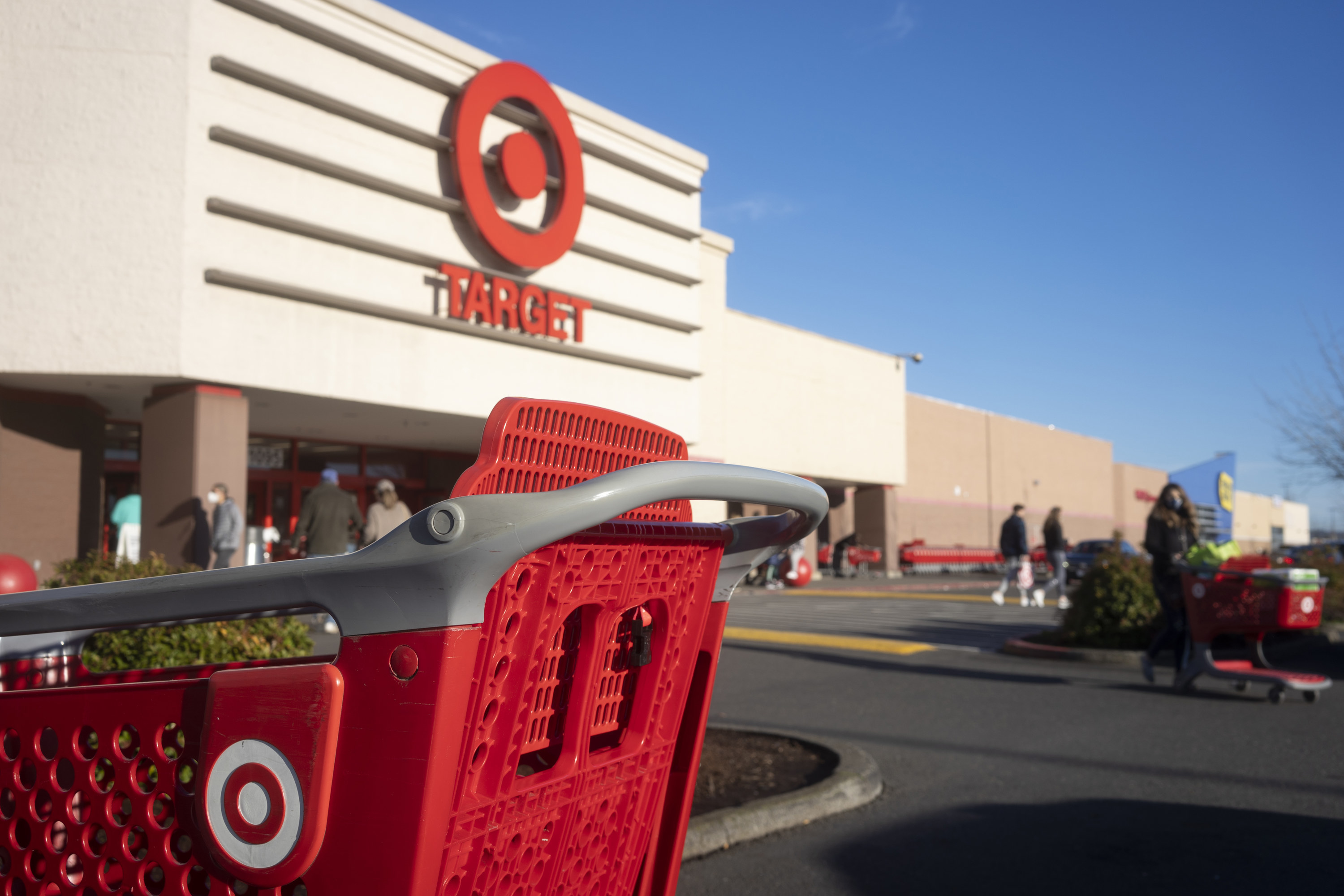 A Target shopping cart is seen outside a Target store