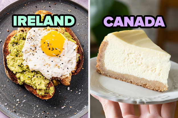 On the left, some avocado toast topped with a fried egg labeled Ireland, and on the right, a slice of cheesecake labeled Canada