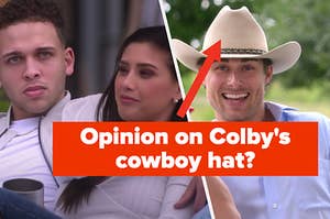 Cast members sit while labeled, ""Opinion on Colby's cowboy hat?"