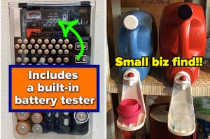 L: a reviewer photo of a battery organizer and text reading "Includes a built-in battery tester", R: a reviewer photo of plastic ledges on liquid detergent bottles and text reading "Small biz find!!"