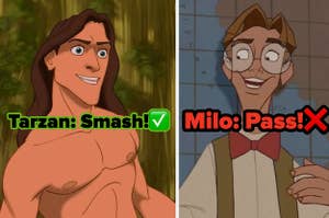 Tarzan smiles while being shirtless and Milo Thatch stands in front of a world map