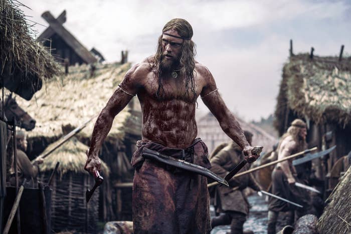 The viking prince shirtless in the middle of battle